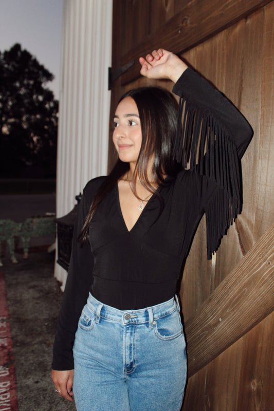 Black Long Sleeve Fringe Bodysuit